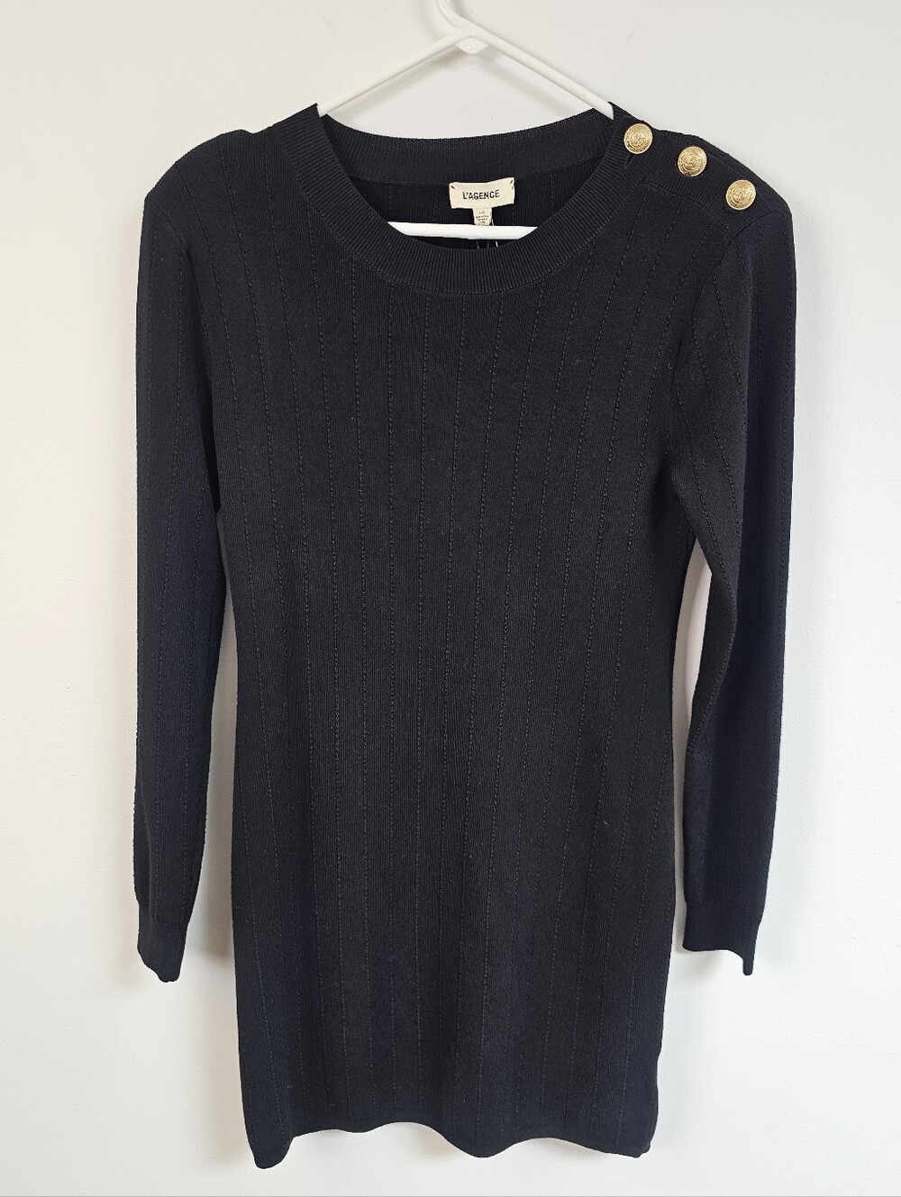 L'AGENCE Knit Ribbed Crest Gold Shoulder Button Detail Sweater Dress